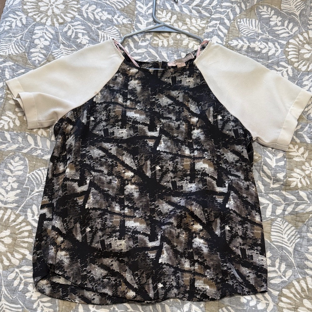 Abstract Patterned Blouse with Cream Sleeves